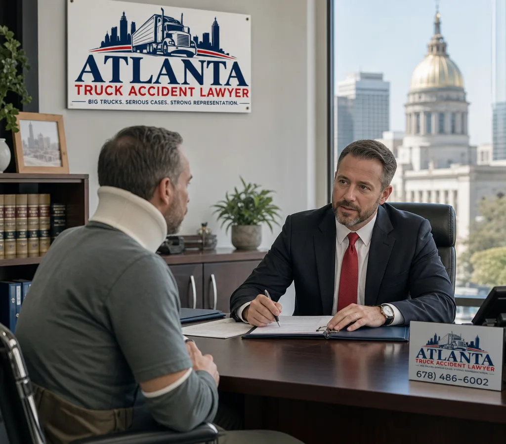 Atlanta personal injury attorney meeting with an injured client and reviewing case files