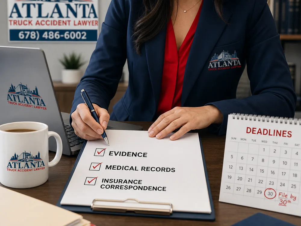 Lawyer's desk with evidence, medical records, insurance correspondence, and a deadline calendar