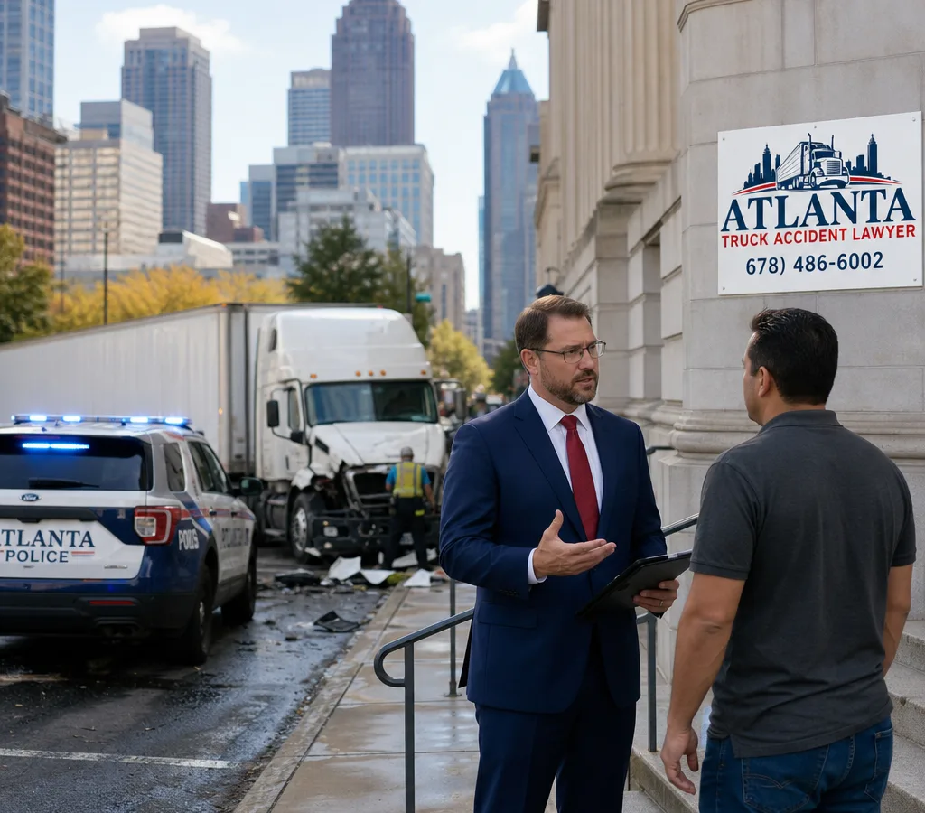 Atlanta car crash scene with police response and an attorney meeting a client outside a courthouse