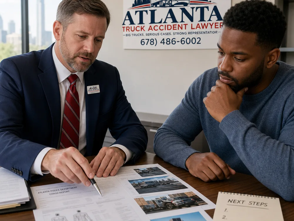 Attorney reviewing an Atlanta crash report, medical records, vehicle photos, and next steps with a client