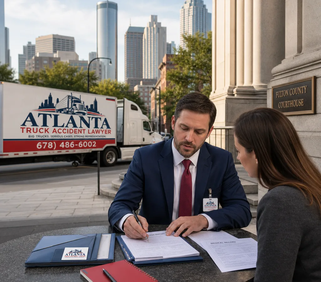 Attorney reviewing a crash report and medical paperwork with a client outside an Atlanta-area courthouse