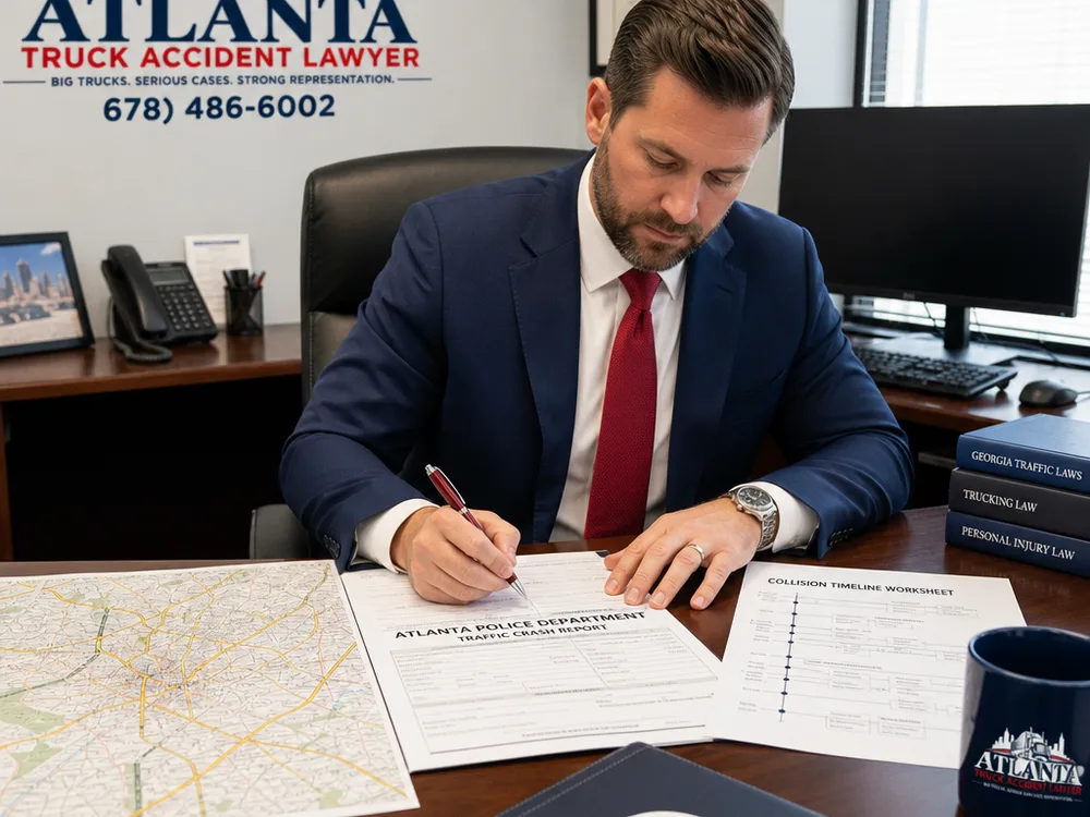 Attorney desk with an Atlanta Police crash report, timeline worksheet, and map of major Atlanta roads