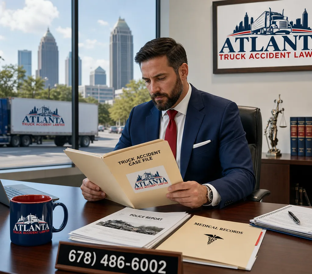 Atlanta accident lawyer reviewing a crash file with a police report and medical paperwork