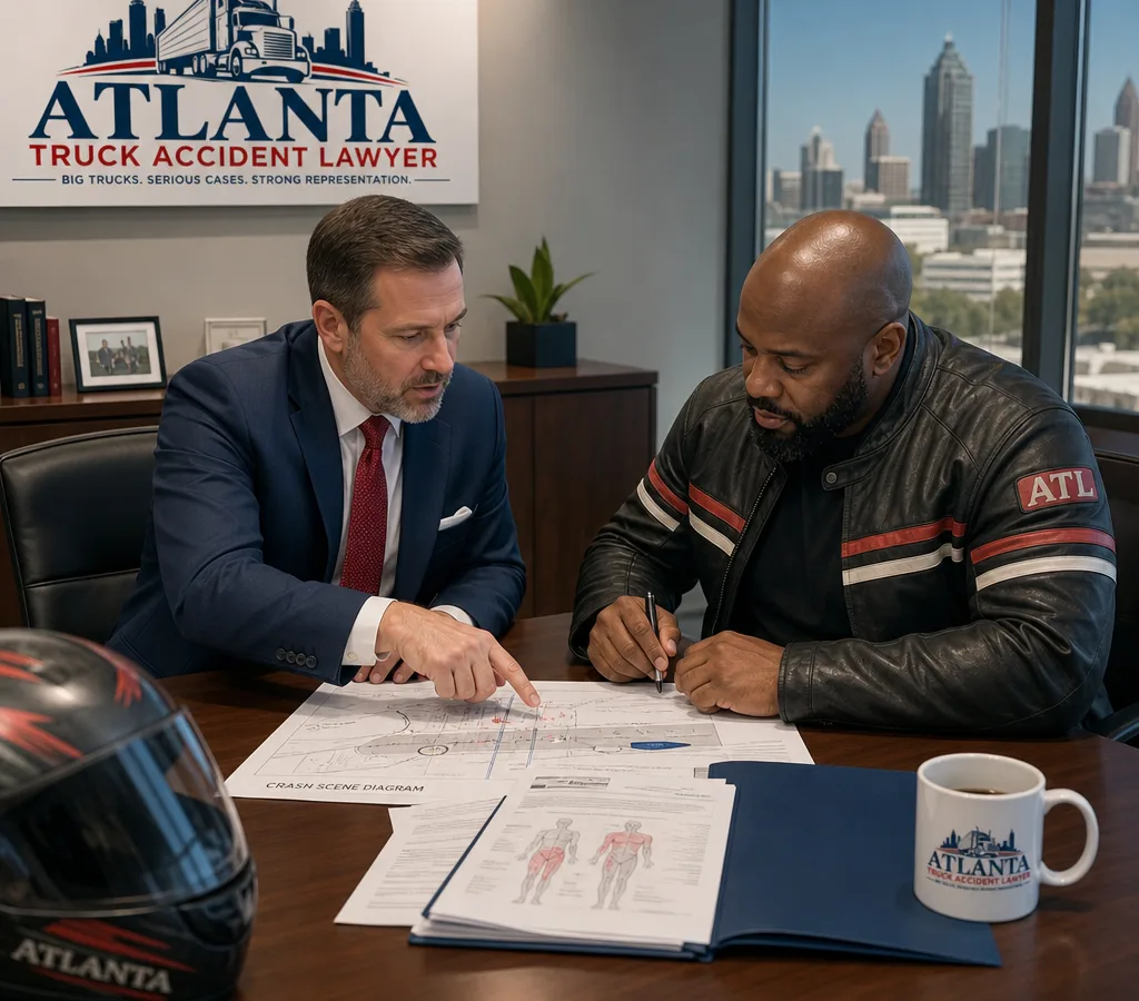 Atlanta motorcyclist and attorney reviewing a crash diagram and medical paperwork