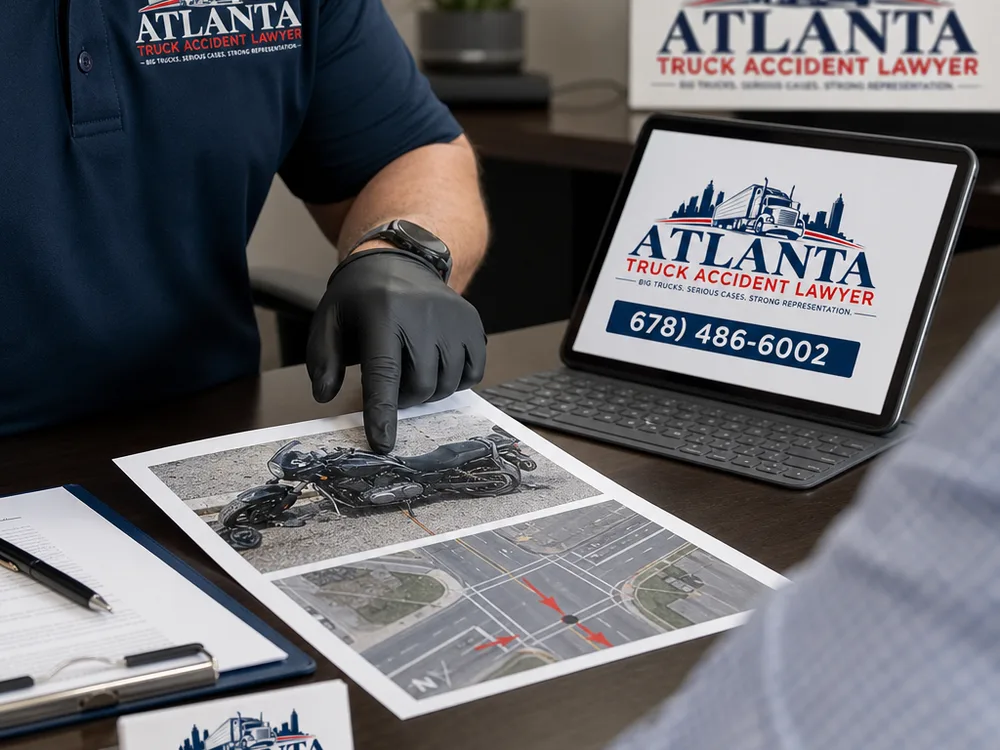 Gloved hand pointing to motorcycle damage photos and an Atlanta intersection diagram during legal review