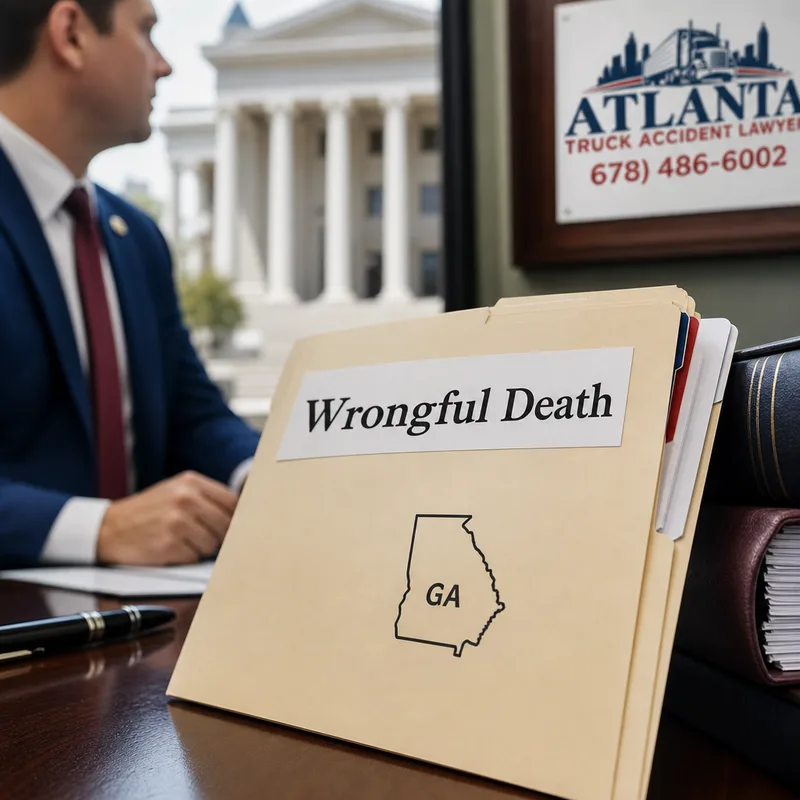 Wrongful death legal file with a Georgia outline and courthouse steps in soft focus