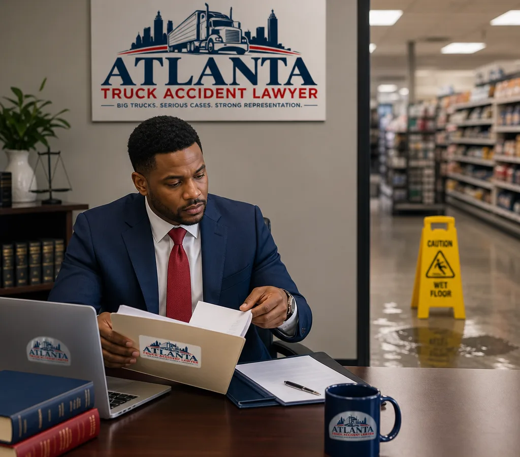 Atlanta attorney reviewing a premises incident file near a wet-floor sign and store aisle