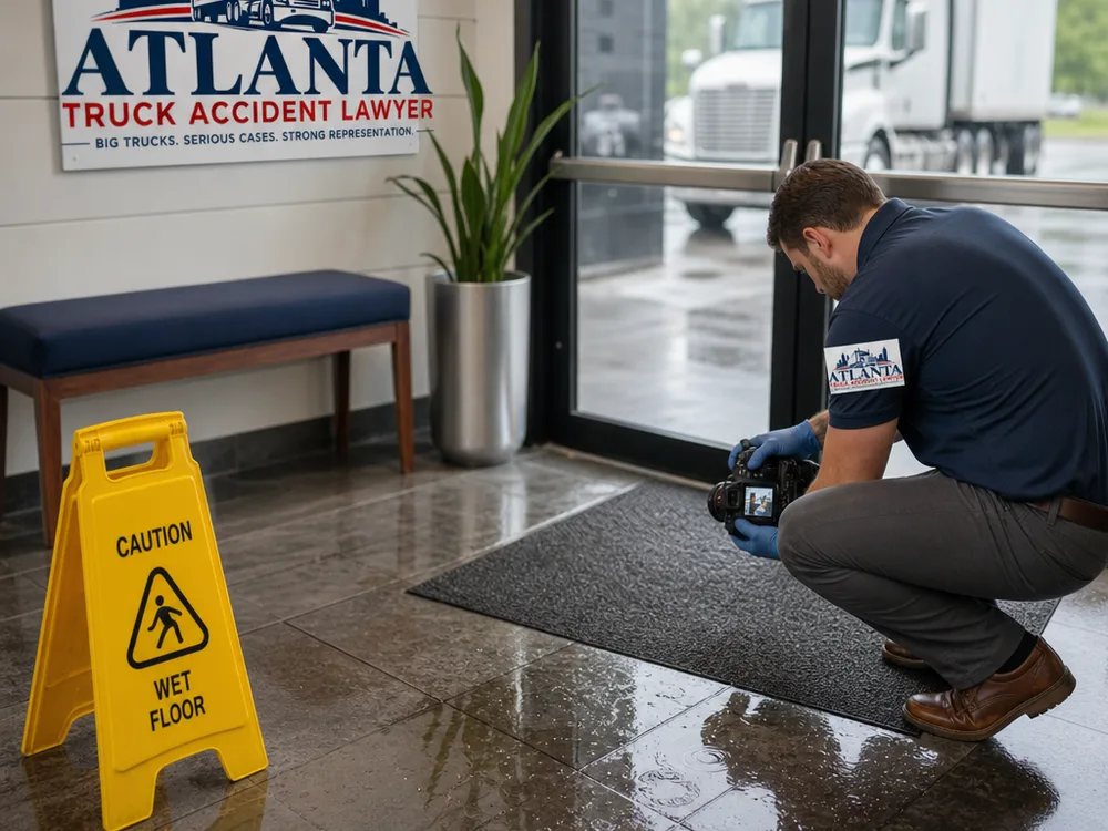 Wet retail entryway with an absorbent mat, caution sign, and reflections on tile flooring