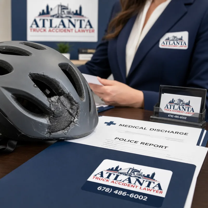 Impact-damaged bicycle helmet beside medical discharge papers and a police report folder