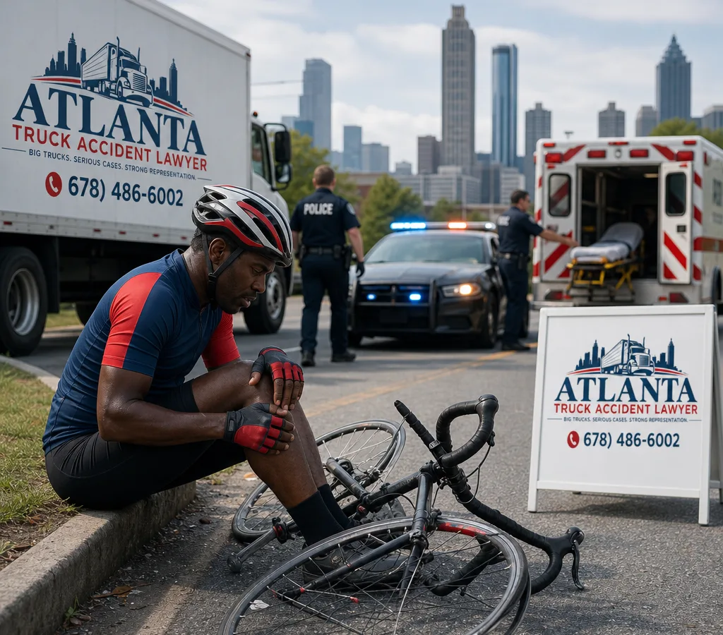 Atlanta cyclist with a damaged bicycle at the roadside as police and emergency responders attend the crash