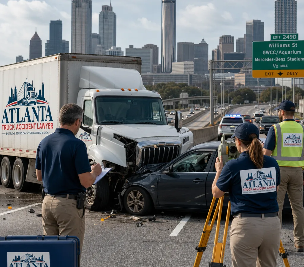 Atlanta roadway collision involving a tractor-trailer and passenger vehicle while investigators document the scene