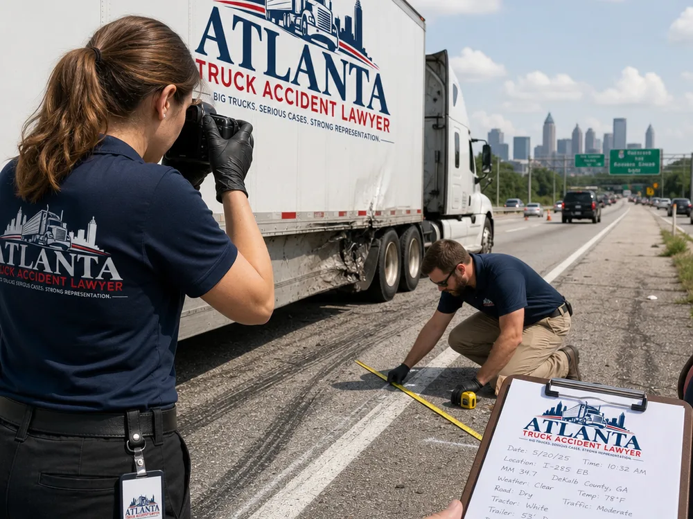 Investigators photograph tractor-trailer damage and measure skid marks on a Georgia interstate shoulder